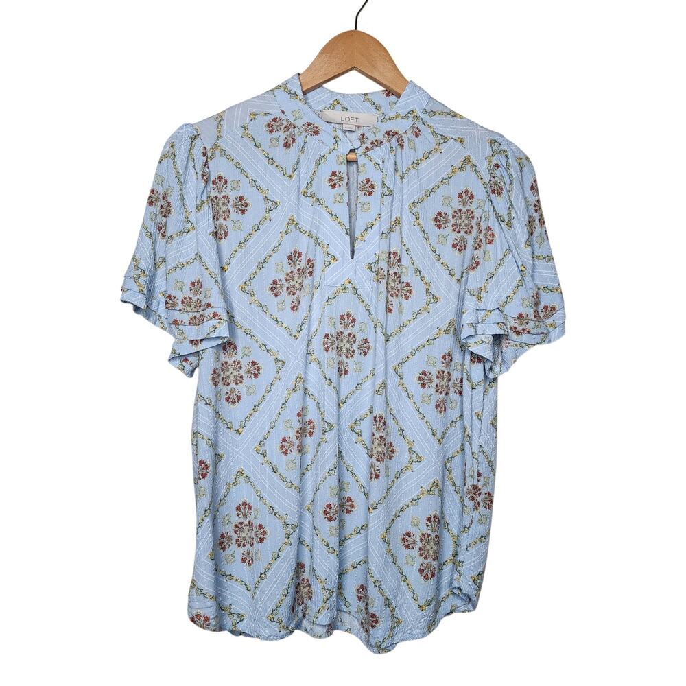 Loft Blue Floral Cottage Crinkled Short Sleeve Blouse Women's Size Small